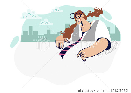 Woman teacher is showing blank billboard inviting to get education at college or university Woman teacher is showing blank billboard inviting to get education at college or university 113825982