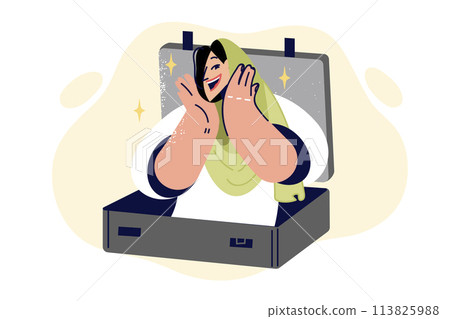 Muslim woman is getting ready to travel and tries on islamic headscarf, looking out of suitcase Muslim woman is getting ready to travel and tries on islamic headscarf, looking out of suitcase 113825988