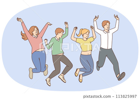 Overjoyed young people jump celebrate success Overjoyed young people jump celebrate success 113825997