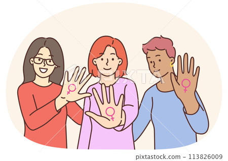 Smiling women with female gender signs 113826009