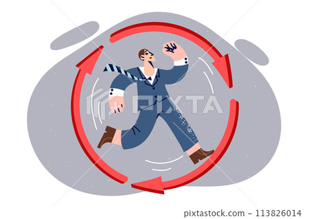 Business man runs in endless circle, trying to achieve success, like groundhog day metaphor 113826014