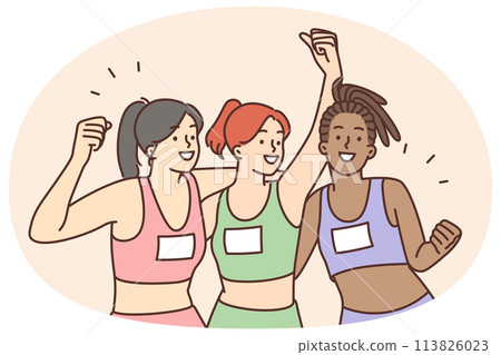 Smiling multiethnic female team celebrate sport victory 113826023