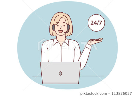 Smiling female operator in headset work on helpline 113826037