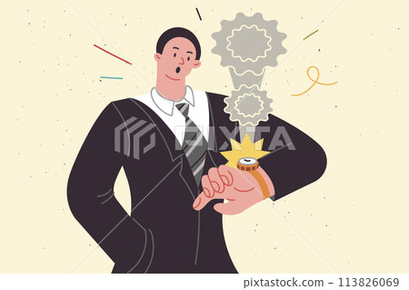 Shocked businessman learns about deadline and looks at wristwatch, needing help to complete task 113826069