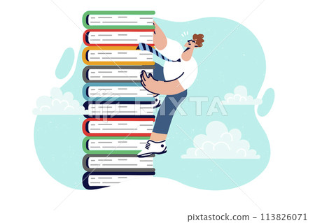 Man gets business education by reading books and climbing pole of professional literature to sky Man gets business education by reading books and climbing pole of professional literature to sky 113826071