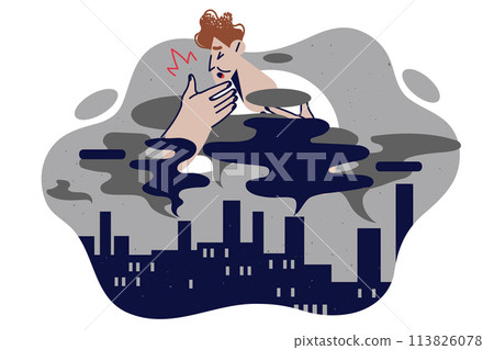 Toxic exhaust from factories causes man to cough and pollutes air, causes cancer disease 113826078