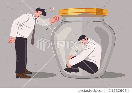 Boss is trying help and support upset man sitting in jar due to alienation from colleagues Boss is trying help and support upset man sitting in jar due to alienation from colleagues 113826084