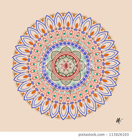 Vector circular symmetrical mandala pattern. Decorative ornament in ethnic oriental style for coloring, postcards, tattoos, yoga logo, spa, wallpaper pattern, tiles, tableware, textile print Vector circular symmetrical mandala pattern. Decorative ornament in ethnic oriental style for coloring, postcards, tattoos, yoga logo, spa, wallpaper pattern, tiles, tableware, textile print 113826103