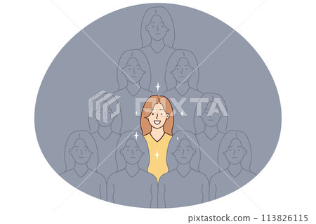 Smiling woman among grey identical people Smiling woman among grey identical people 113826115