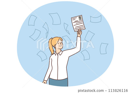 Smiling businesswoman catch job applicant CV Smiling businesswoman catch job applicant CV 113826116