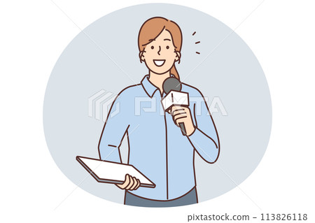 Smiling female reporter with microphone Smiling female reporter with microphone 113826118