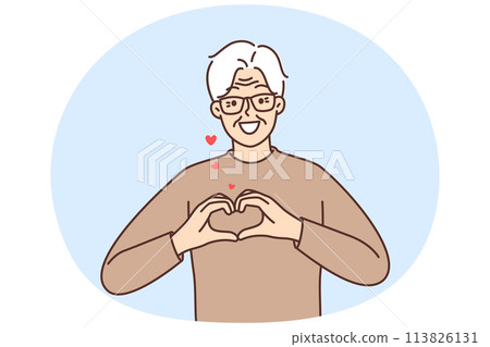 Smiling old man show heart symbol feel grateful 113826131