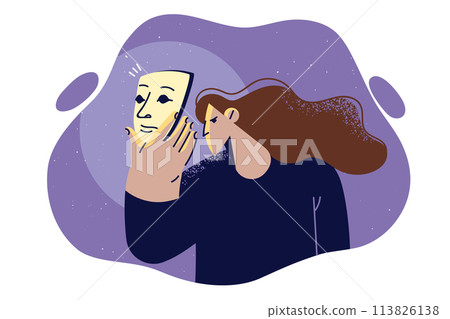 Woman puts on theatrical mask to hide true emotions and commit act of fraud against person 113826138