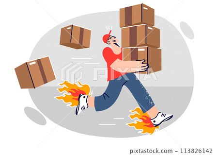 Man courier from express delivery company runs with boxes in hurry to delivery order to client Man courier from express delivery company runs with boxes in hurry to delivery order to client 113826142