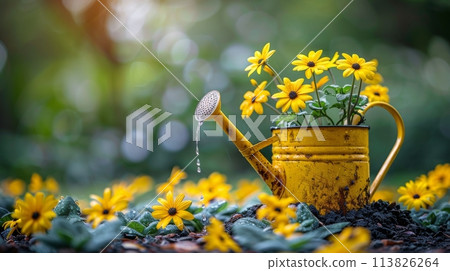 Yellow Watering Can With Daisies 113826264