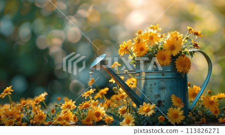 Yellow Watering Can With Daisies 113826271