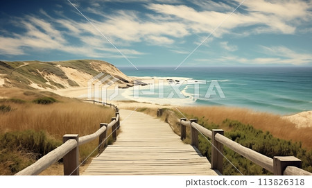 wooden bridge path winding by the serene coastal scene.AI Generated wooden bridge path winding by the serene coastal scene.AI Generated 113826318