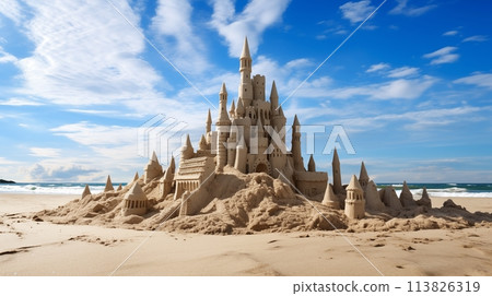 Elaborate sand structures rise along the coastal shores.AI Generated 113826319