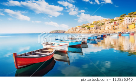 Colorful boats float on calm waters in seaside town.AI Generated 113826340