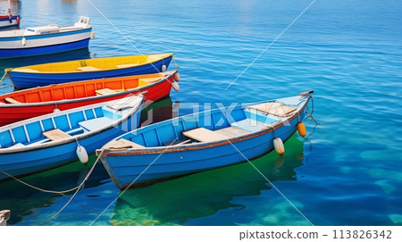 Colorful boats float on calm waters in seaside town.AI Generated 113826342