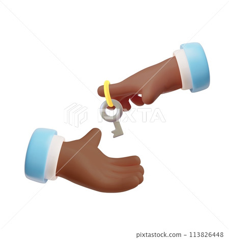 3D cartoon afro hand holding key, emoji icon of human hands with key, blue sleeve, access, real estate, apartment rent 3D cartoon afro hand holding key, emoji icon of human hands with key, blue sleeve, access, real estate, apartment rent 113826448