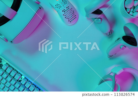 Modern gaming accessories on green desk 113826574