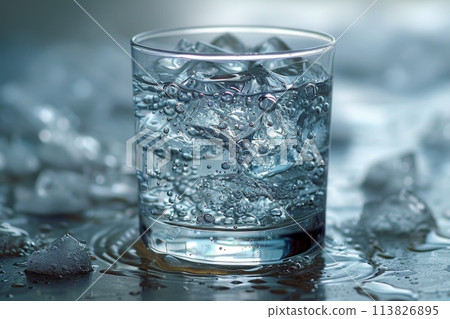 A transparent glass glass with drinking mountain water on the background of nature . The concept of drinking mineral water 113826895