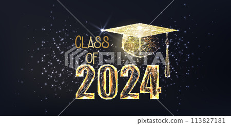 Gold graduation 2024 concept banner with glowing low polygonal graduation hat Gold graduation 2024 concept banner with glowing low polygonal graduation hat 113827181