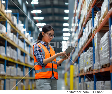 Warehouse worker woman inspecting inventory digital tablet. Inventory management control concept 113827196