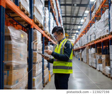 Warehouse worker inspecting inventory with digital tablet. Inventory management and control concept Warehouse worker inspecting inventory with digital tablet. Inventory management and control concept 113827198