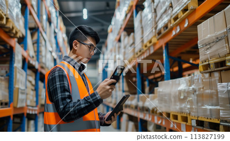 Warehouse worker inspecting inventory with digital tablet. Inventory management and control concept Warehouse worker inspecting inventory with digital tablet. Inventory management and control concept 113827199