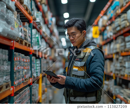 Warehouse worker inspecting inventory with digital tablet. Inventory management and control concept 113827209