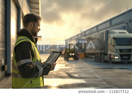 Logistics manager with tablet overseeing freight operations at dawn. Supply chain, shipping concept Logistics manager with tablet overseeing freight operations at dawn. Supply chain, shipping concept 113827312