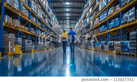 Two professionals using tablet in warehouse stock checking. Inventory management, teamwork concept Two professionals using tablet in warehouse stock checking. Inventory management, teamwork concept 113827351