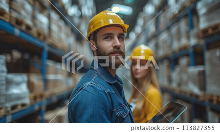 Two professionals using tablet in warehouse stock checking. Inventory management, teamwork concept 113827355