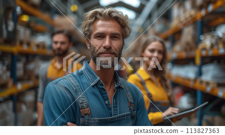 Two professionals using tablet in warehouse stock checking. Inventory management, teamwork concept Two professionals using tablet in warehouse stock checking. Inventory management, teamwork concept 113827363