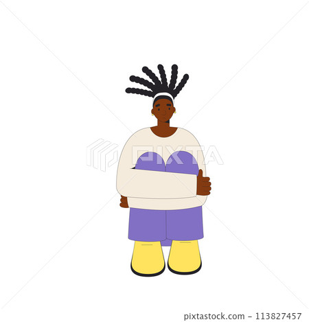 Sad young woman isolated on white background. Mental disorder character. Teenage girl with depression. Vector illustration. Sad young woman isolated on white background. Mental disorder character. Teenage girl with depression. Vector illustration. 113827457