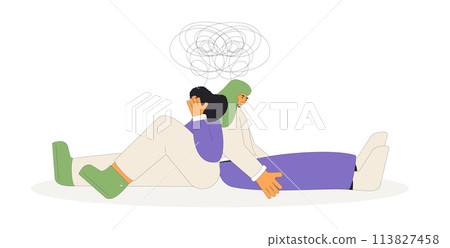 Bad relationship. Conflict. Pair of people during argument. Friends sitting on the floor back to back and take offense isolated on white background. Vector outline illustration 113827458