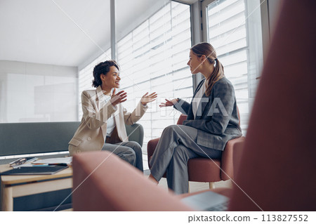 Smiling young female colleagues have fun brainstorm discussing ideas or thoughts at workplace Smiling young female colleagues have fun brainstorm discussing ideas or thoughts at workplace 113827552