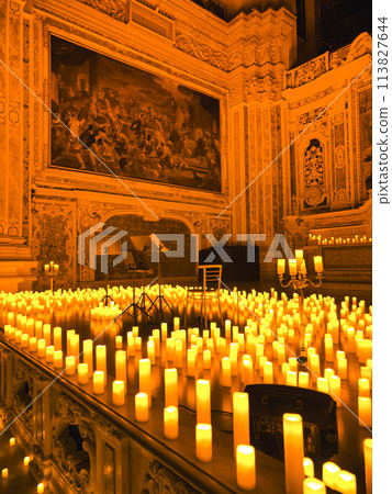 Spiritual Atmposphere Inside An Old Church With Candles  113827644