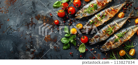 Two Fish With Tomatoes and Herbs on Table 113827834