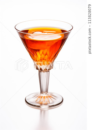 Refreshing Bourbon Manhattan cocktail with vermouth and maraschino cherry garnish isolated on white background 113828079
