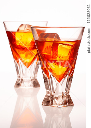Refreshing Bourbon Manhattan cocktail with vermouth and maraschino cherry garnish isolated on white background 113828081