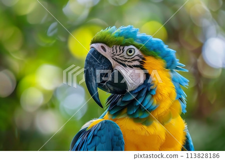 Blue and Yellow Parrot Perched on a Tree 113828186