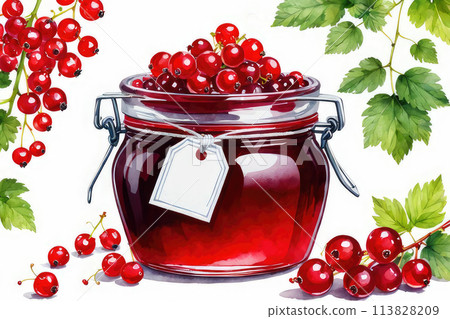 Red currant jam or marmalade and fresh red currants in watercolor style. 113828209