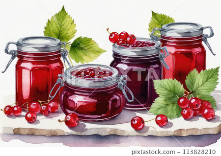 Red currant jam or marmalade and fresh red currants in watercolor style. 113828210