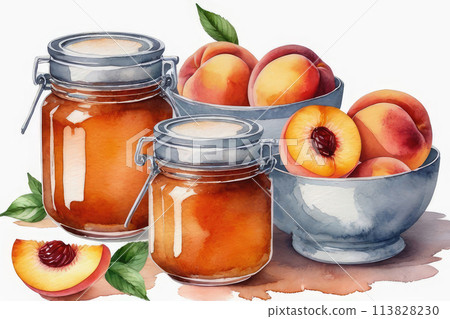 Peach jam or marmalade and fresh peach in watercolor style. 113828230