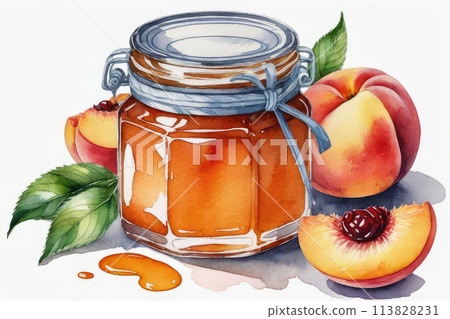 Peach jam or marmalade and fresh peach in watercolor style. 113828231