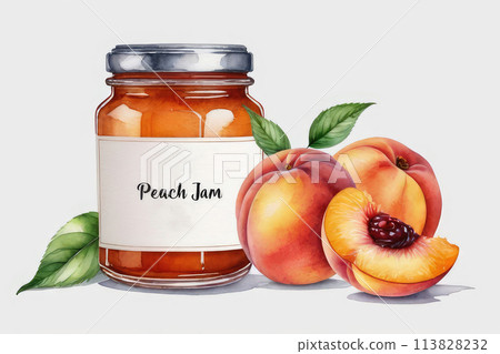 Peach jam or marmalade and fresh peach in watercolor style. 113828232