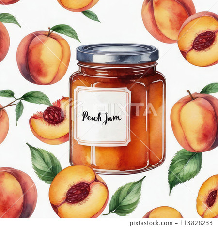 Peach jam or marmalade and fresh peach in watercolor style. 113828233